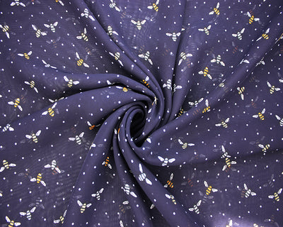 Bees spotty navy blue dobby 100% polyester chiffon dress fabric by half metre.