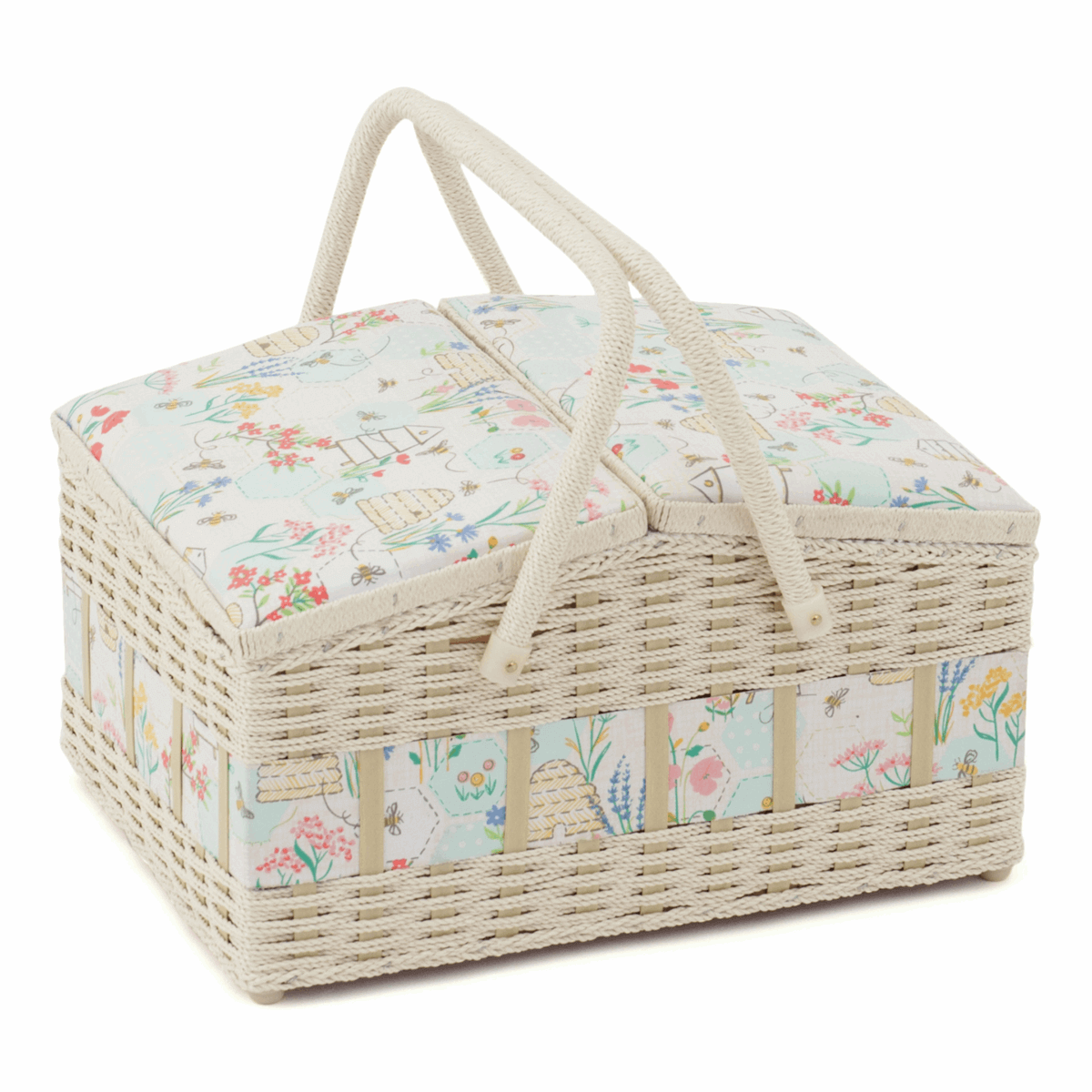 Large Deluxe Sewing Bee Hamper Sewing Box: 26 x 35 x 19cm. Wicker and fabric.