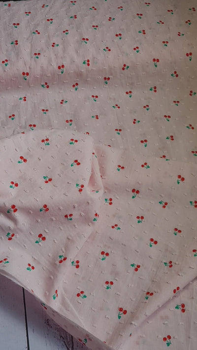 Lightweight Cherry Cotton Dobby Spot fabric by the half metre. Pink, red.