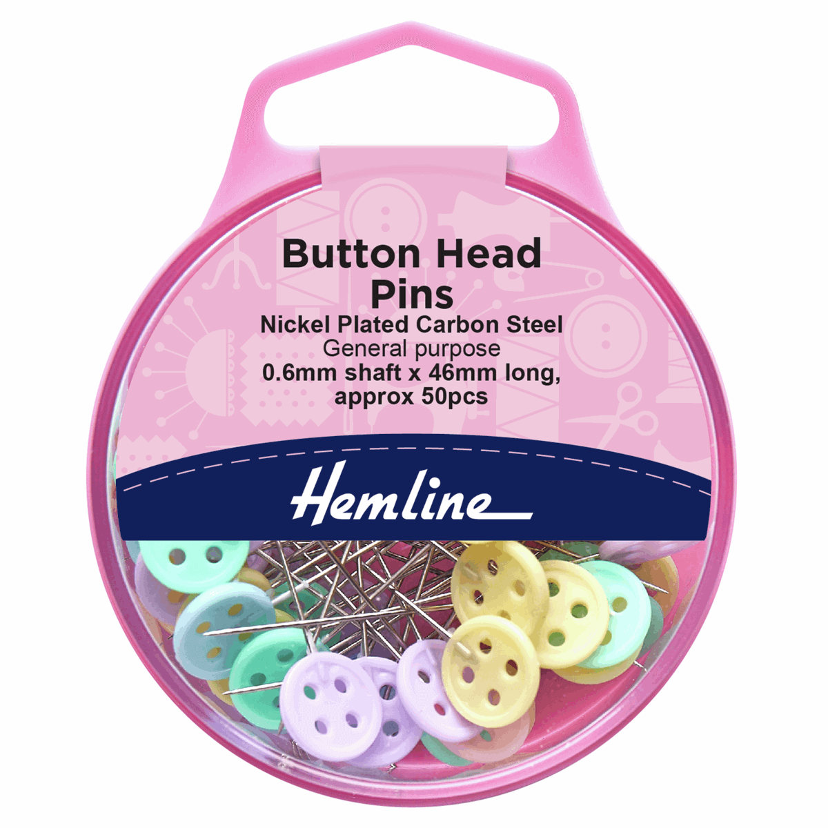 50 Button headed sewing pins in reusable storage box. Hemline. 46 mm x 0.6 mm