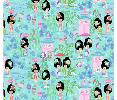 Geisha Girl By Michael Miller. Japanese floral, lucky good fortune cat quilting cotton fabric.
