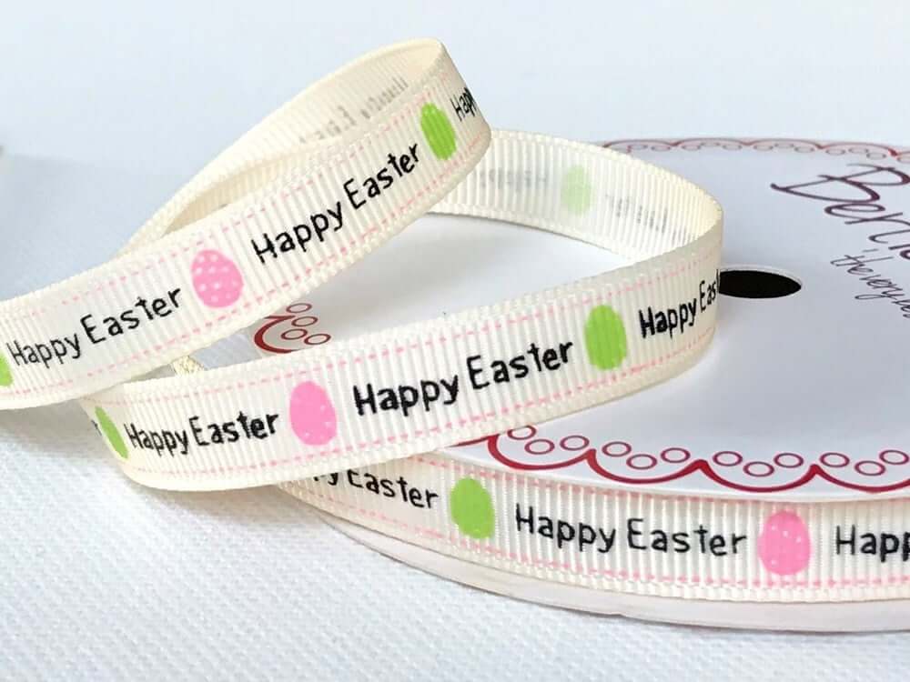 Happy Easter ribbon cotton/ grosgrain ribbon by Bertie's Bows. Per 2m/ 3m roll.