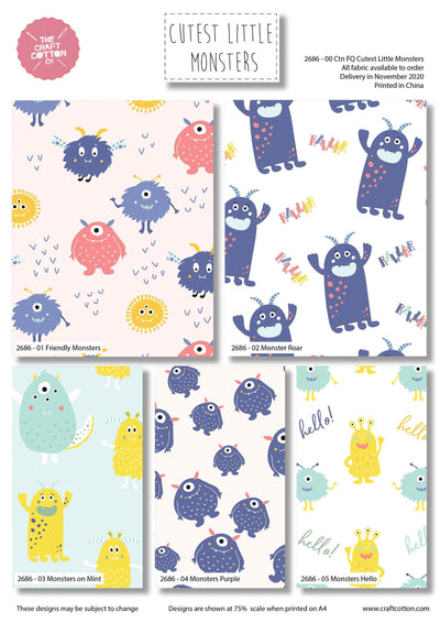 Cute little Monsters kids fabric bundle of 5 Fat Quarters. Quilting, crafts cotton.