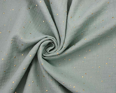 Gold Speckled double gauze muslin cotton fabric by the half metre. Sage green, yellow, teal, grey.
