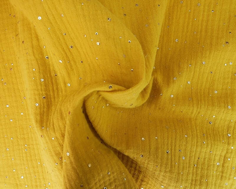 Gold Speckled double gauze muslin cotton fabric by the half metre. Sage green, yellow, teal, grey.