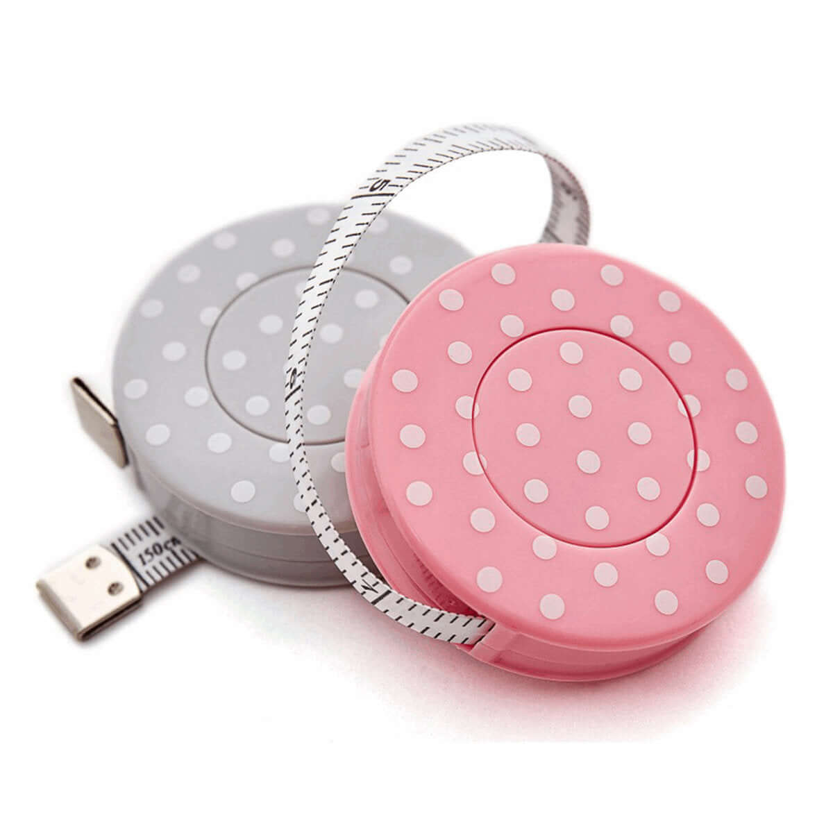 Retractable Tape Measure: Pink/grey polkadot/spot/dotty. Sewing and crafts. 150 cm long. Metric and imperial.