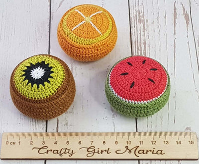 Cute Fruity Crocheted Pin cushion/Fabric weights for sewing, overlocking and crafting. Prym. Kiwi/melon/orange.