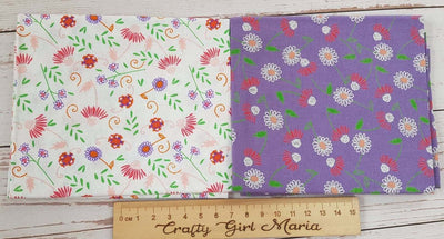 Cute florals bundle of 5 floral print cotton quilting fabrics. Craft Cotton Company. Pink, purple.