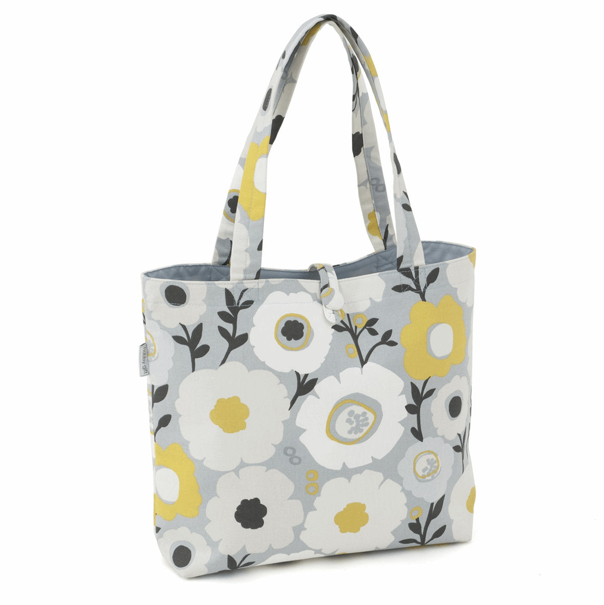 Scandi Floral Tote Bag. Sewing organisation, shopping bag or sewing gift. Grey, mustard yellow fabric design.