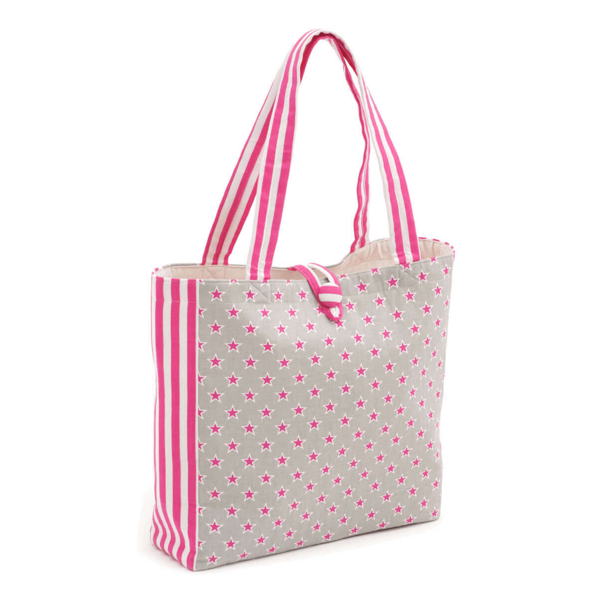 Stars & Stripes Shoulder Craft Tote Bag. Sewing/craft organisation, shopping bag or sewing gift. Hot pink and natural canvas look.