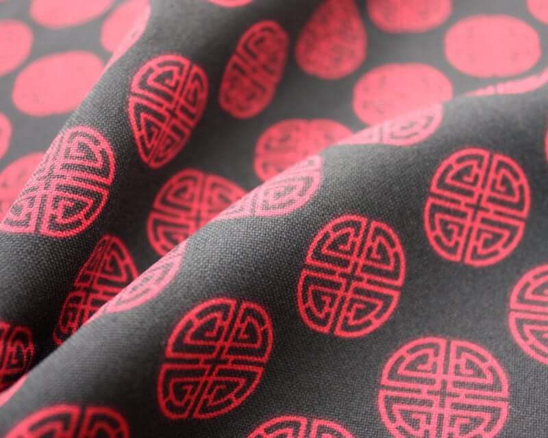 Chinese 'Lu' Prosperity Symbol Bi-Stretch Dress Fabric. By the metre. Cerise pink and charcoal grey.
