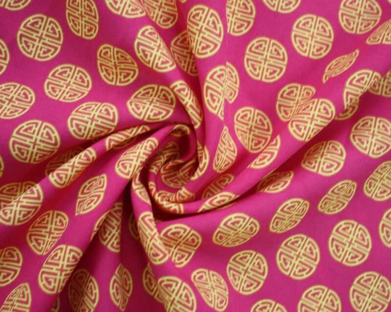 Chinese 'Lu' Prosperity Symbol Bi-Stretch Dress Fabric. By the metre. Cerise pink and charcoal grey.