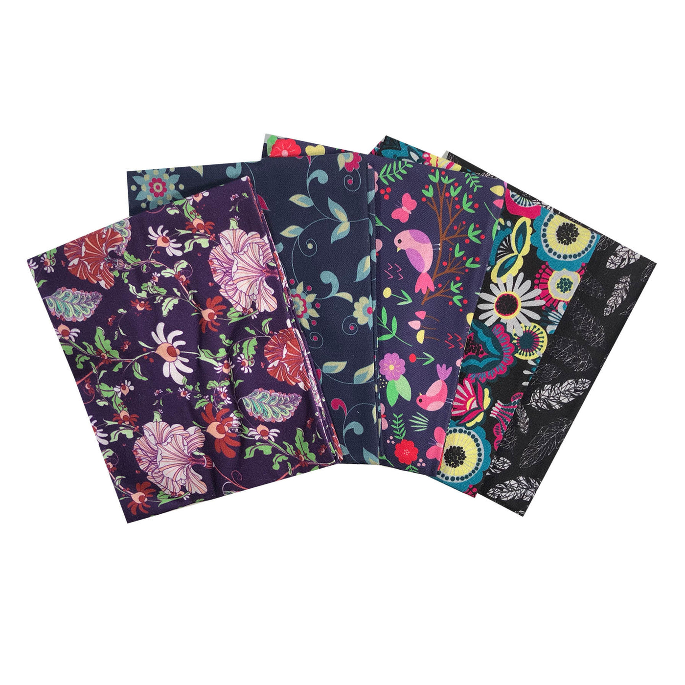 Hip Florals and Birds Patterned fat quarter bundle of 5. Quilting cotton fabric. Craft Cotton Company. Dark navy blue and purple.
