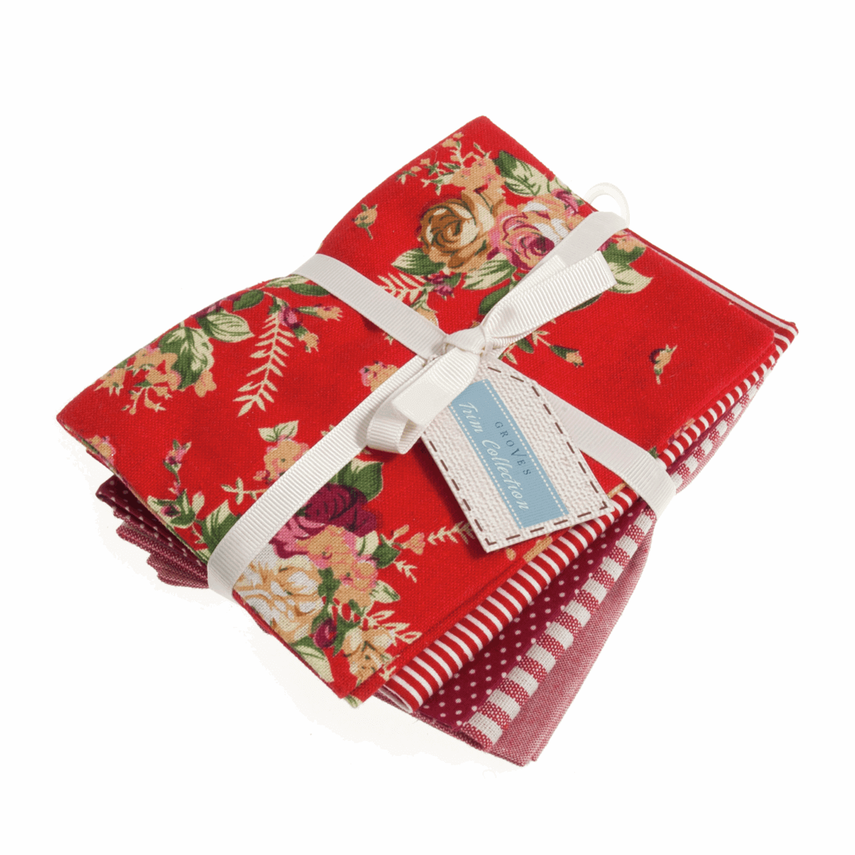 Cotton Polyester Ruby Red Stripe, Polkadot and Floral Fabrics Fat Quarter Bundle 5 Pack.