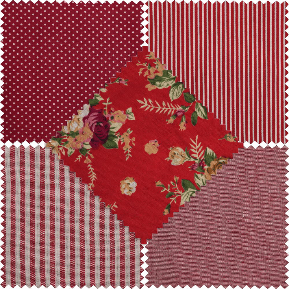 Cotton Polyester Ruby Red Stripe, Polkadot and Floral Fabrics Fat Quarter Bundle 5 Pack.