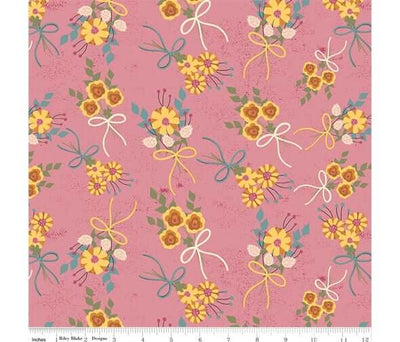 Bouquets Rose: Strawberry Jam cotton fabric. Riley Blake. Pink floral quilting and dress fabric.